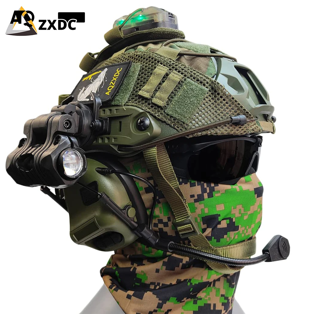 Airsoft Helmet with Noise Canceling Headset, Goggles, Flashlight, Helmet Cover, Flashing Light, for Paintball, BBS, CQB Shooting