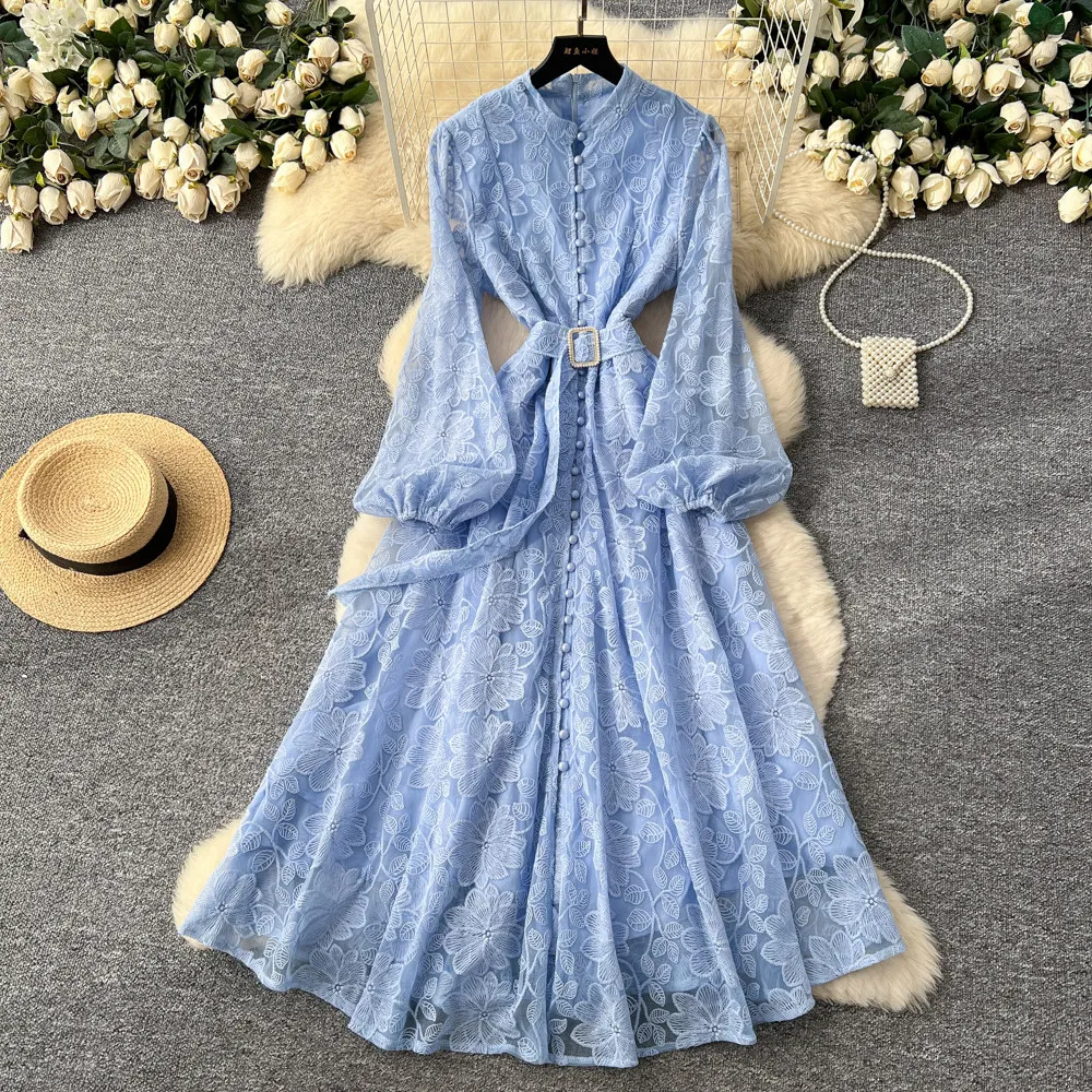 

Elegant Vintage long sleeve lace chic dress Korean Fashion Women Clothes office lady A-line dress