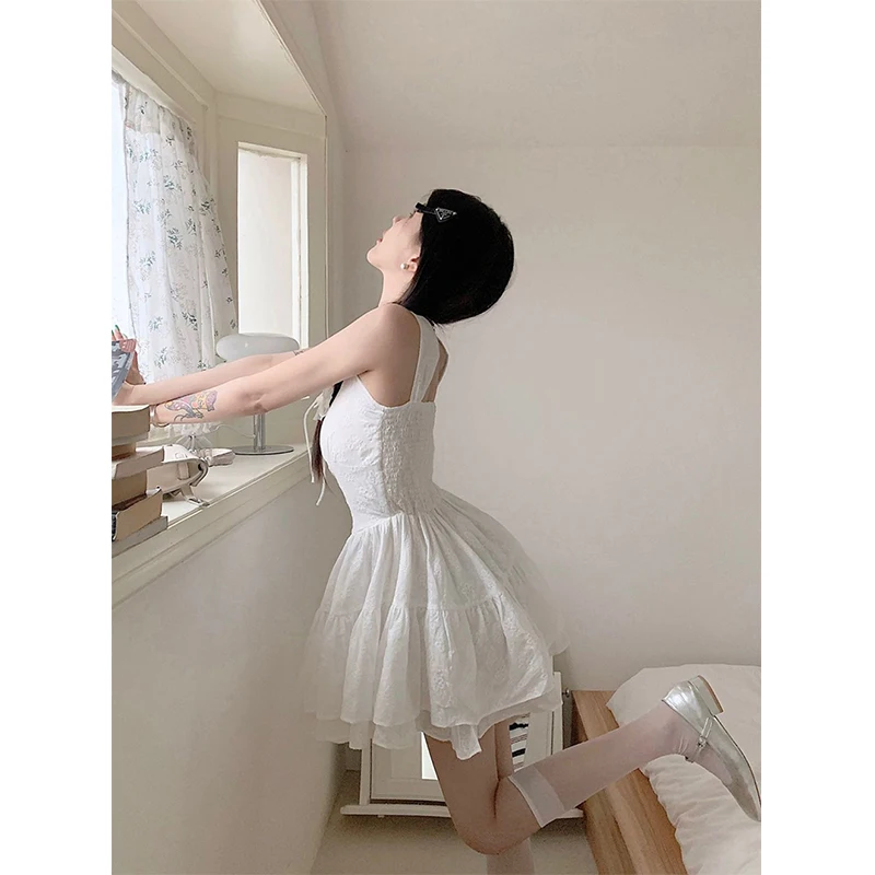 MEXZT Sweet White Mini Dress Women Fairy Party Prom Strap Ruffles One Pieces Dresses Korean Vacation Bodycon Ball Gown Vestidos