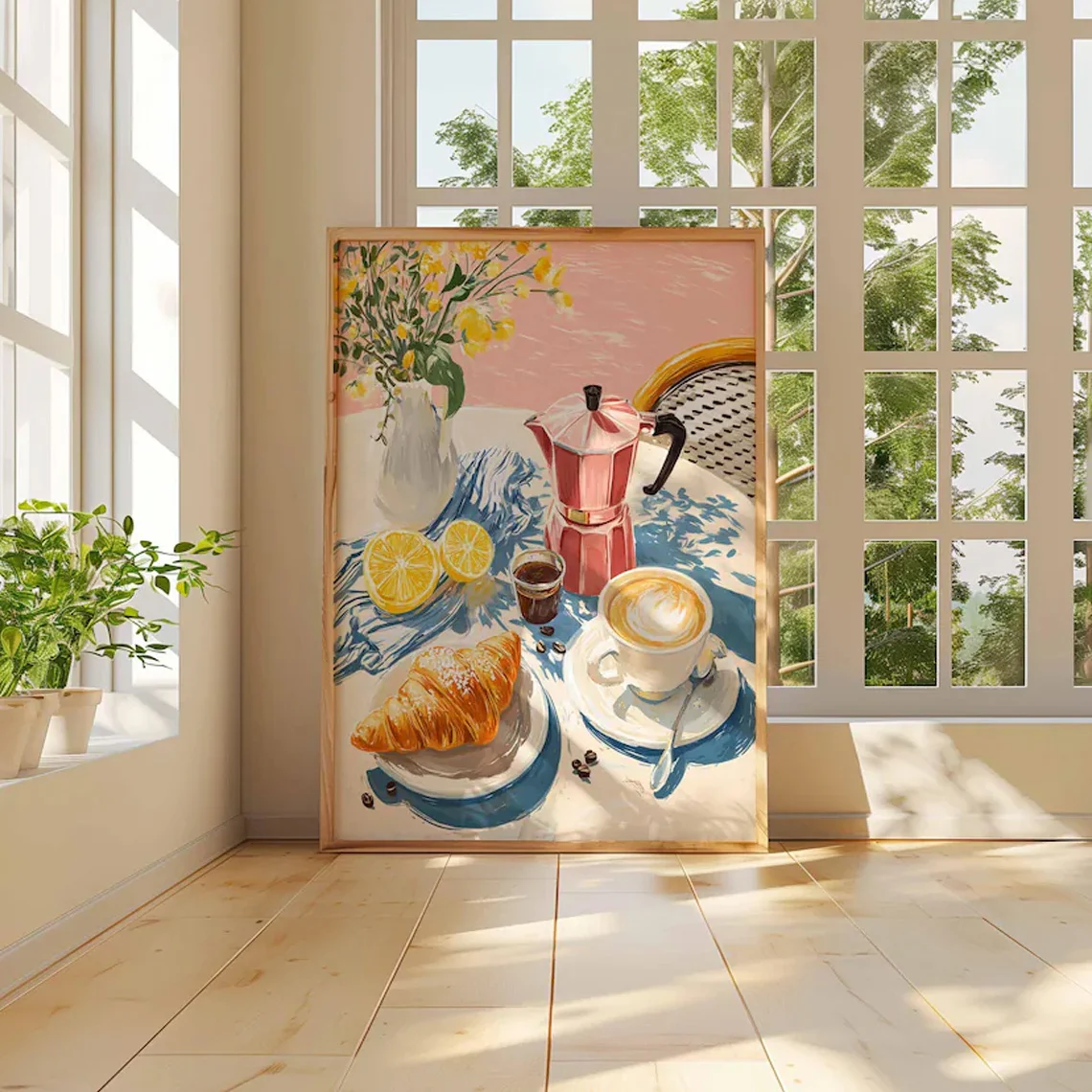 French-style Cafe Breakfast Wall Painting Coffee Croissant Oil Painting Modern Simple Kitchen Restaurant and Cafe Decoration