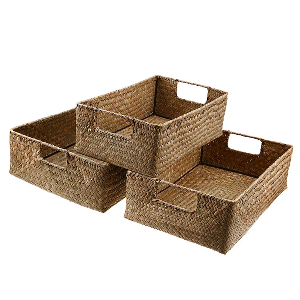 

4Pcs Seaweed Storage Basket Retro Hand-Woven Rectangular Sundries Organizer for Home Kitchen Wardrobe Desktop Storage Box