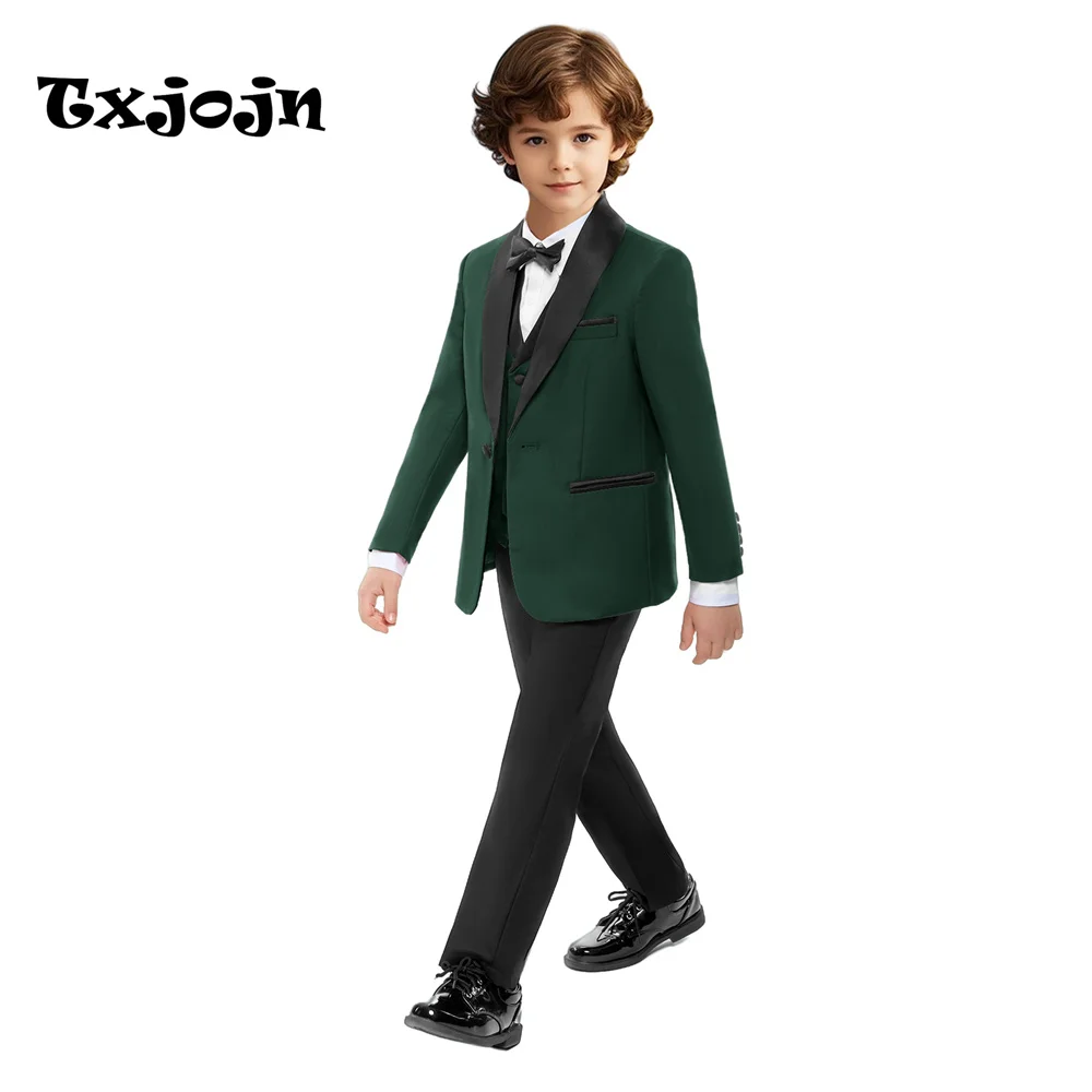 

Spring Autumn Child Tuxedo 4 Pieces Classic Formal Boys Slim Fit Suits Dark Green Kids Suit Set For School Performance