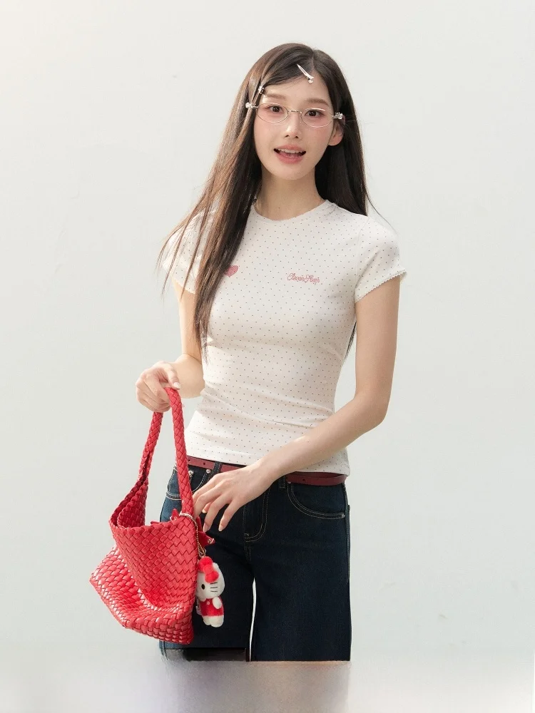 

ELEVEN SP Новая летняя женская футболка Slim Fit в горошек с коротким рукавом, трикотажная, с завышенной талией, дышащая, комфортная, в корейском стиле