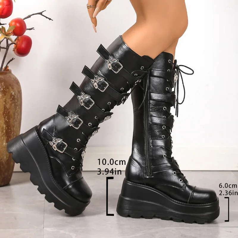 

Large Size 36-43 Women's Soft Bottom Motorcycle Boots Lady Slope Heel Butterfly Love Belt Buckle Punk Fad Long Boots Botas Mujer
