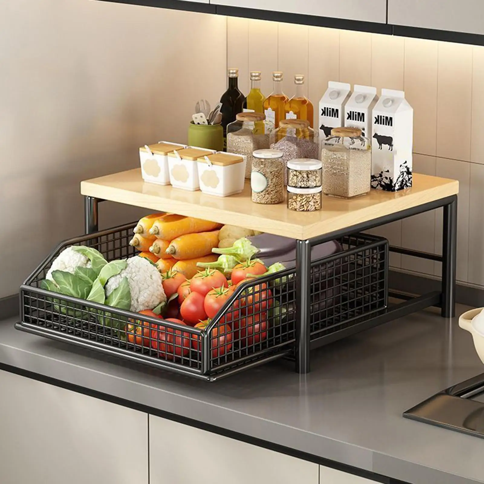 

Кухонная полка-органайзер с выдвижным ящиком для фруктов, овощей, микроволновки, кастрюль, посуды и специй для кухонной столешницы