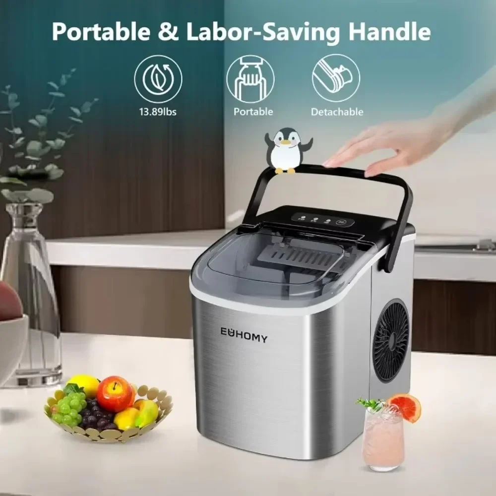 Portable Countertop Ice Maker Machine with Handle, 26lbs Per Day,9 Ice Cubes Ready in 6 Mins,Auto-Cleaning with Basket and Scoop