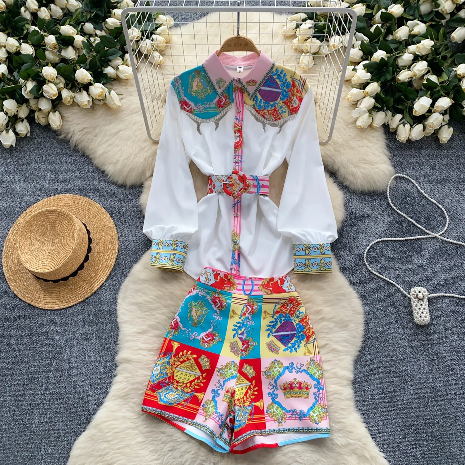 

Sexy Chic Pieces Sets High Waist polo neck PATCHWORK lool sleeve print sweet with shorts Women Vacation Summer Sets