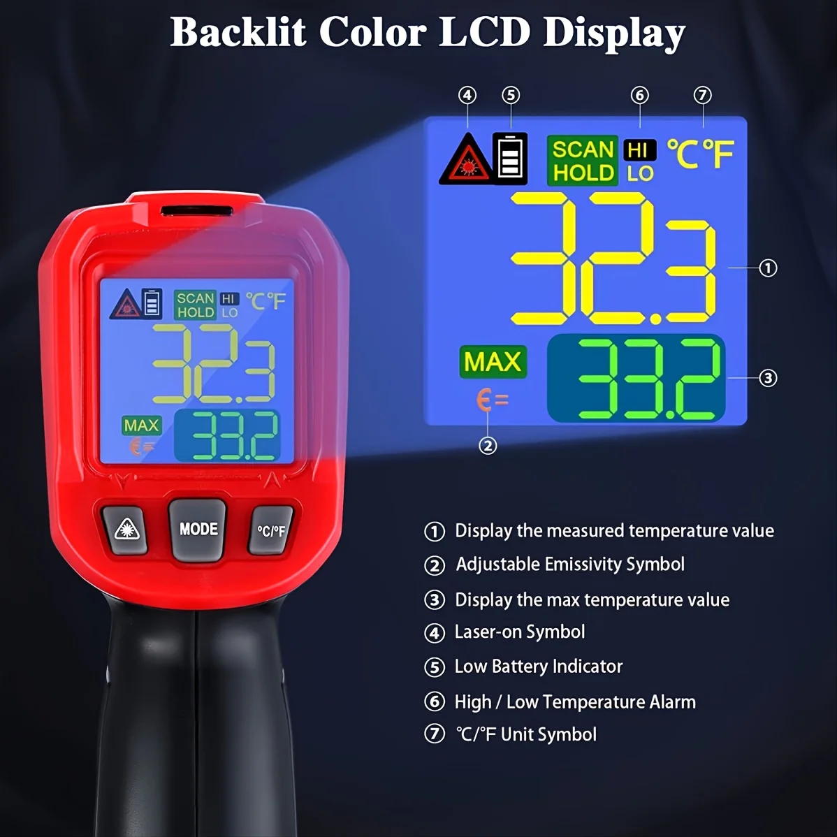 Infrared Thermometer Laser Non Contact Temperature Gun Colorful Backlit Display, Emissivity Adjustable,Range  -50°C~600°C