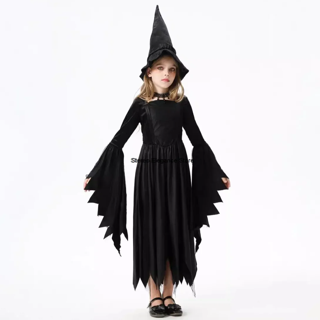 2024 Halloween Children's Dresses Black Magician Dress Witch Skirts Vampire Stage Performance Suits