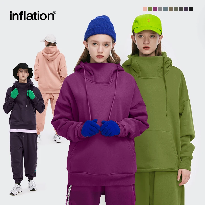 INFLATION 350gsm Thick Fleece Hoodies Unisex Winter Warm High Neck Hoodies Sweatshirts Mens Velvet Oversized Pulloverrs