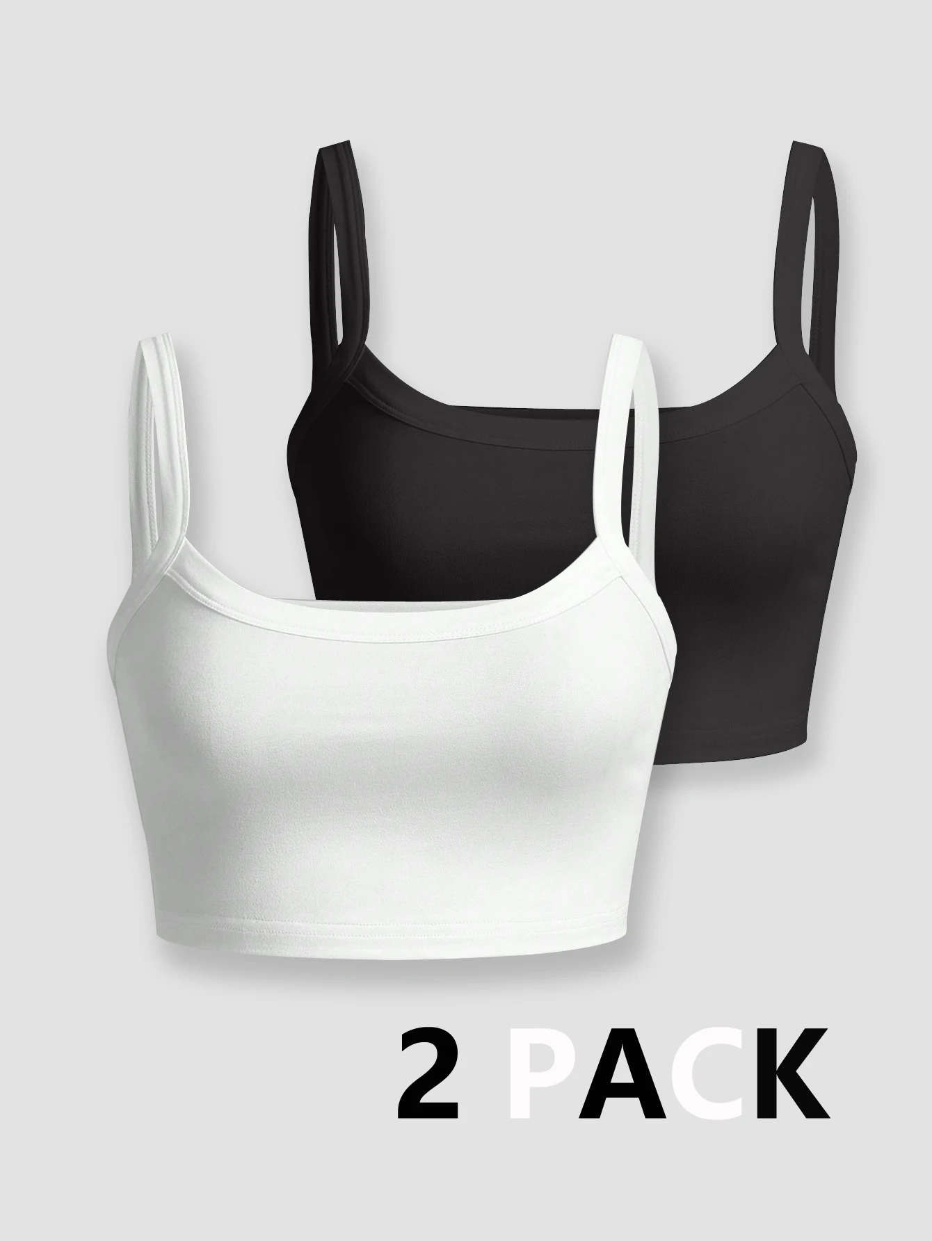 2 Pack Double Strap Crop Cami Top Women Solid Square Neck Slim Soft Basic Sleeveless Tank Camisole