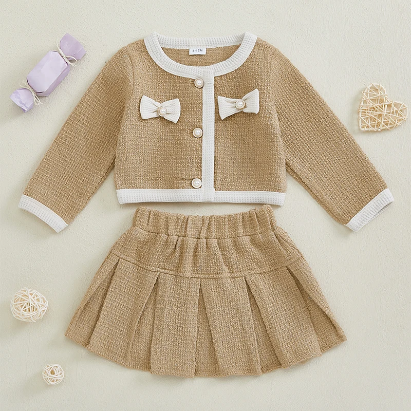 1-4Years Kids Baby Girl Elegant Party Outfits Pearl Bow Long Sleeve Button Down Jacket Elastic Waist Pleated Skirt 2 Piece Sets