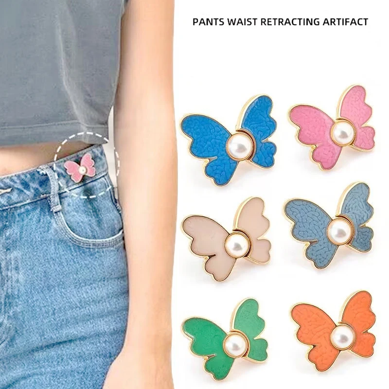 Adjustable Jean Button Pins Butterfly Shaped Waist Tightener Instant Jean Buttons for Jeans Pants No Sewing Required