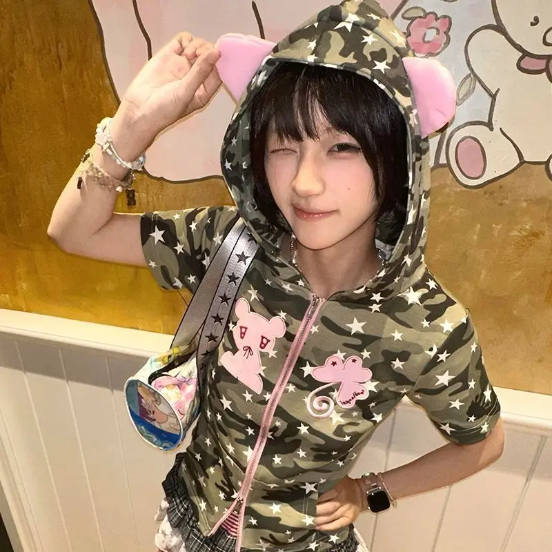 

American Retro Subculture Camouflage Hooded Short-Sleeved T-Shirt Cardigan Women'S Summer New Bear Ear Zipper Top Jacket