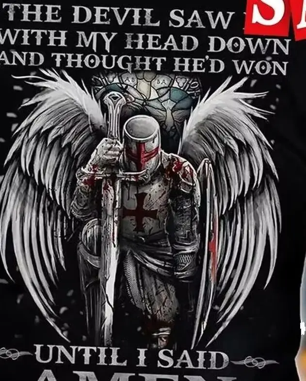 

Футболка The Devil Saw Me with My Head Down Crusader Prayer Inscriptions, повседневная мужская футболка из 100% хлопка с круглым вырезом и короткими рукавами