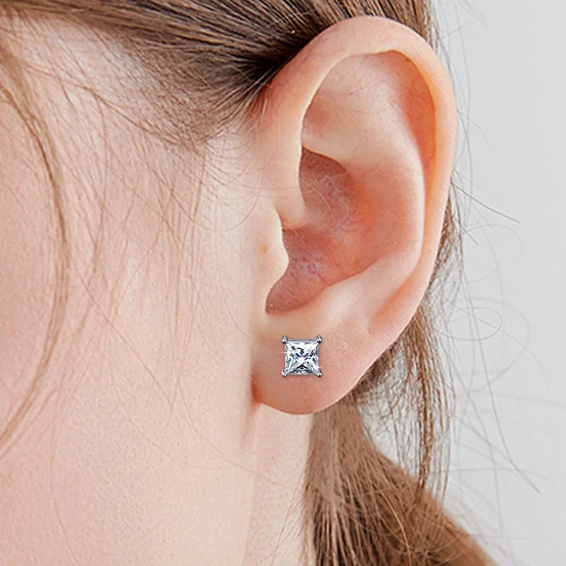 1ct 2ct Princess Cut Moissanite Earrings s925 Sterling Silver Plated with White Gold Plated Square Ear Studs for Women Jewelry