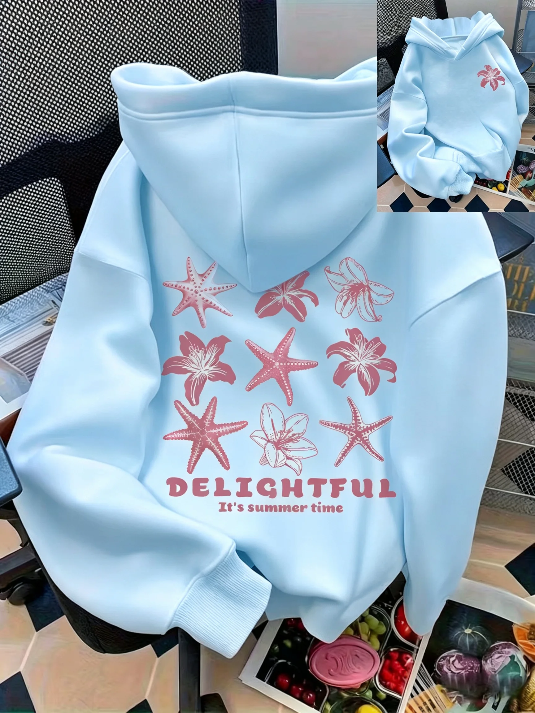 Women's casual seashell and letter pattern front and back printed pullover hoodie women's casual top versatile style hoodie