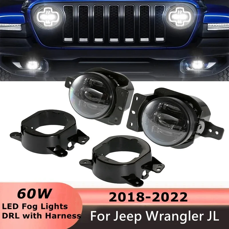 

60W LED Fog Lights DRL with Harness Mounting Bracket 6000K 1200LM for Jeep Wrangler JL 2018-2022 IP65 Waterproof