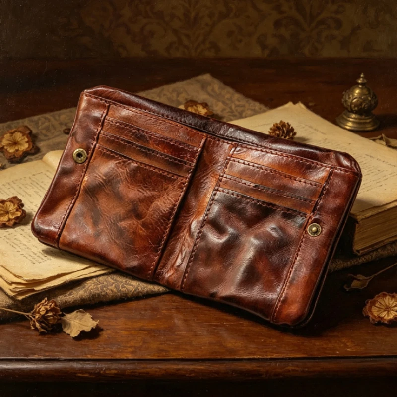 NEW Arrival Hand-Brushed Old Wrinkled Vegetable Tanned Leather Wallet Retro Multi-Card Slot Zipper Soft Wallet