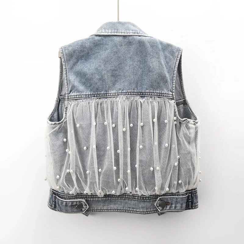 Spring Vintage Blue Mesh Splice Beading Denim Vest Women Waistcoat Loose Short Cowboy Sleeveless Jacket Casual Jeans Vest Female