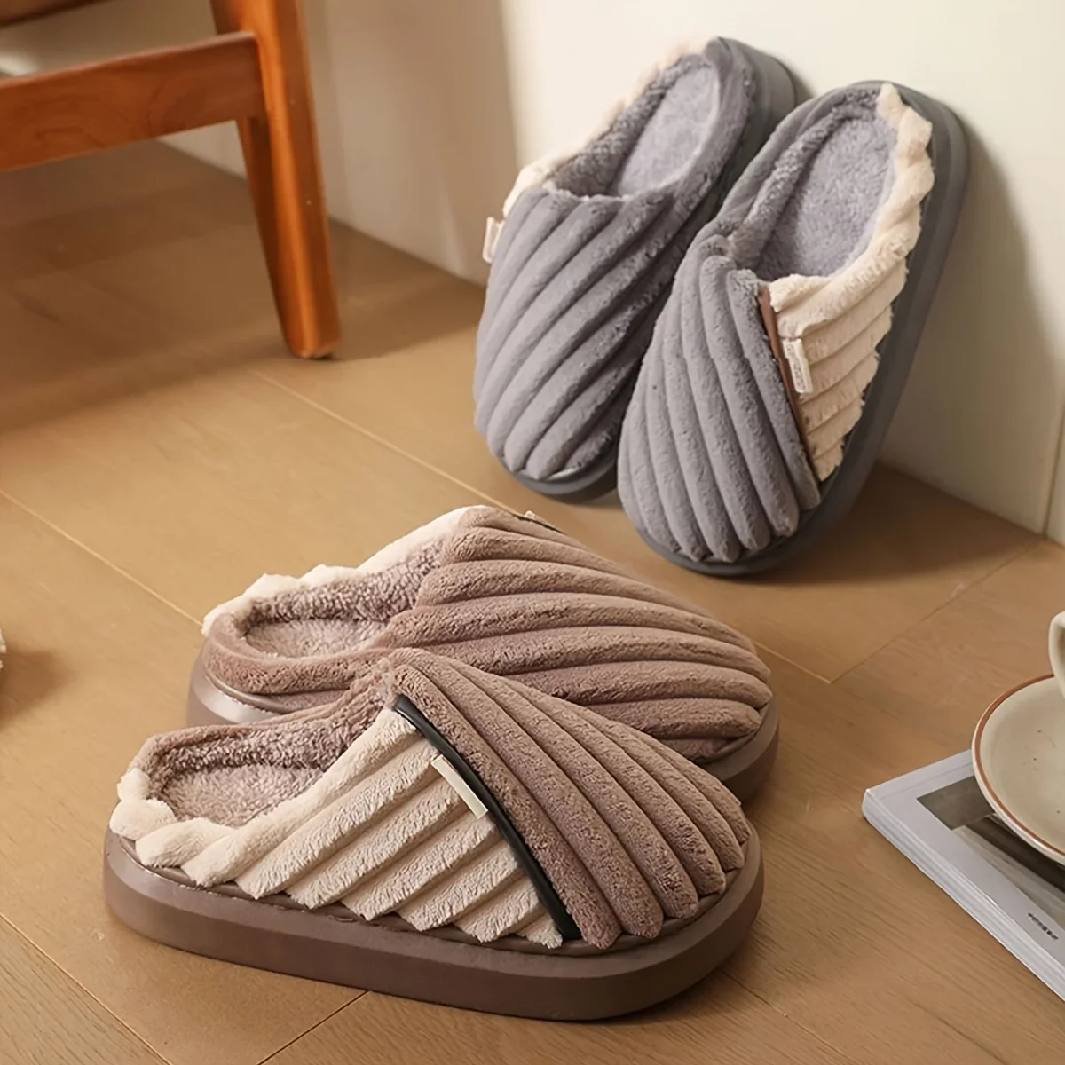 Men Winter House Slippers Fleece Lined Warm Non Slip Thick Indoor Bedroom Soft Footwear Big Size Comfortable Slip On Slippers