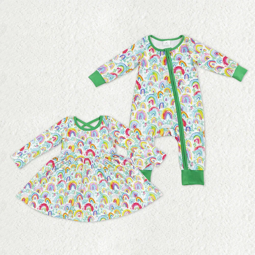 

z1209-04 GLD0495 girl dresses baby girl clothes Matching rainbow long sleeve dress Wholesale Boutique kids clothes girl