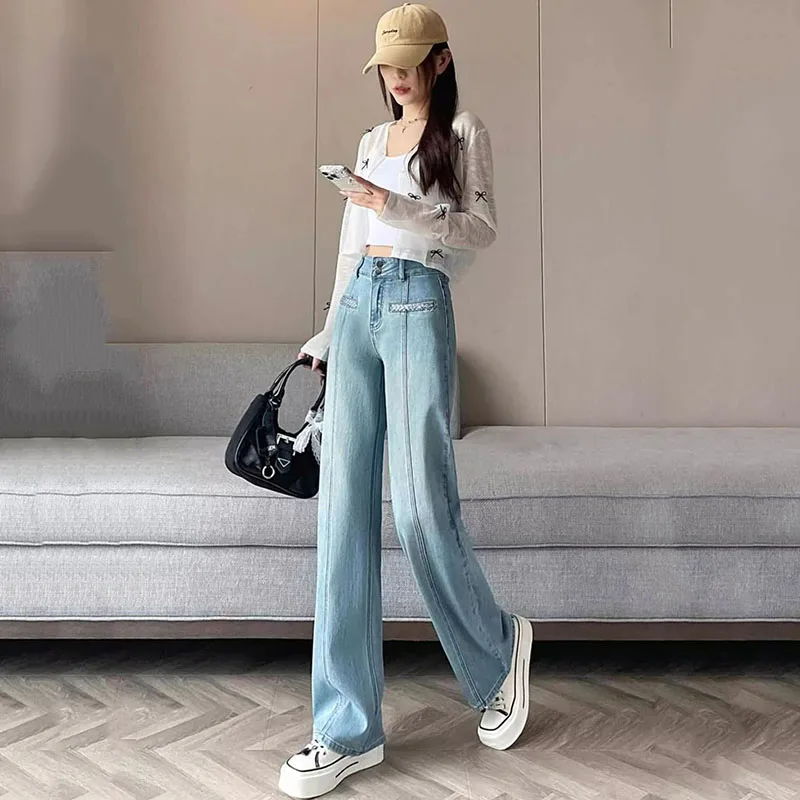 

Korean Summer Straight Jeans Female 2026 New High Waist Loose Simple All-Match Casual Wide-leg Cowboy Pants Female Trouser