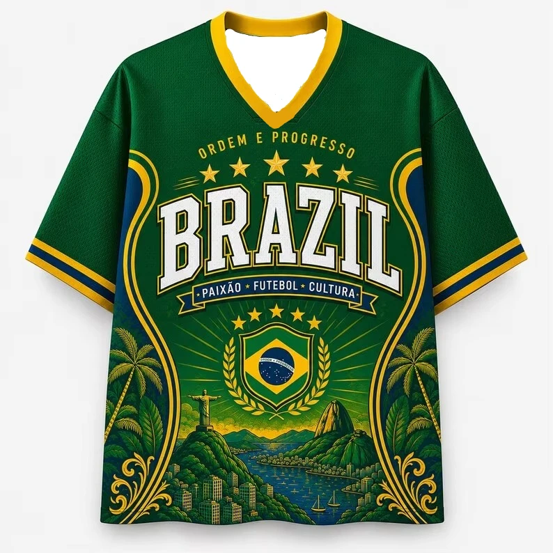 2026 3D Brazil Fan No.10 Jersey Retro V-neck Oversized T-shirt Christ The Redeemer Brazilian Flag Football Streetwear Sports Tee