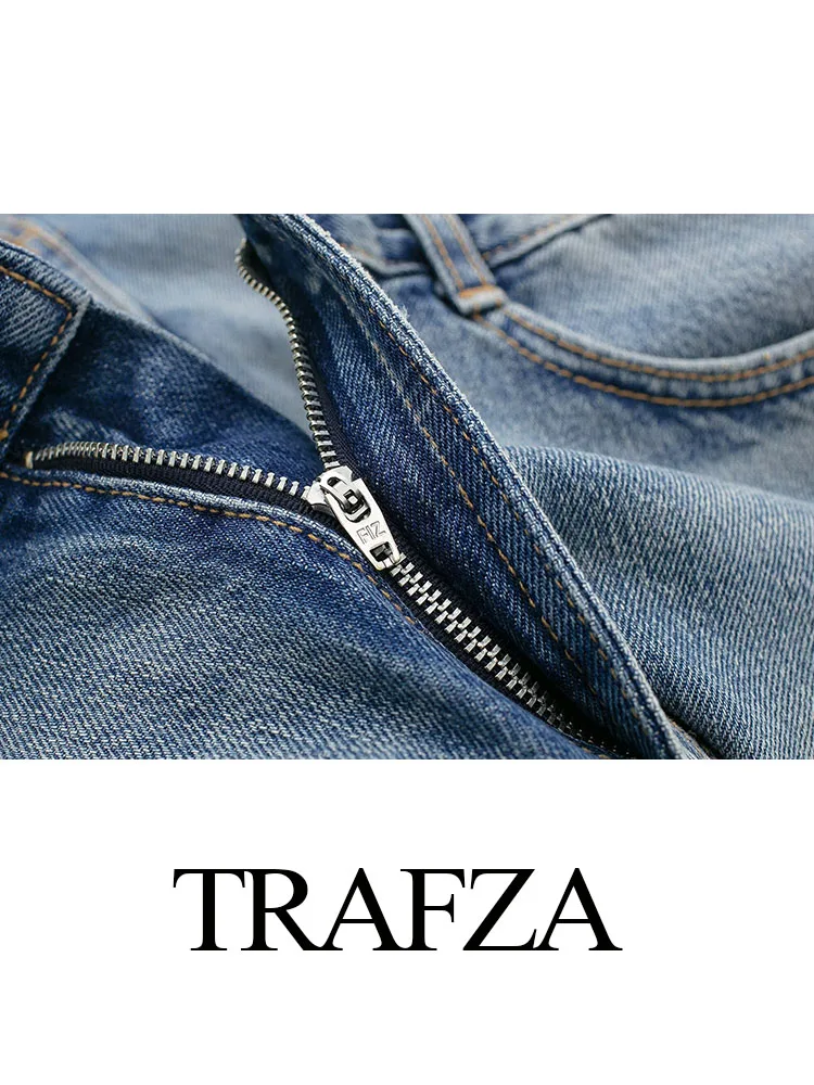 Trafza กระโปรงยีนส์มีซิปสำหรับแฟชั่นสำหรับผู้หญิง, กระโปรงเอวสูงบางกระโปรงลายสก็อตย้อนยุคของผู้หญิงกระโปรงไฮสตรีทเทรนไฮทราฟฤดูร้อน