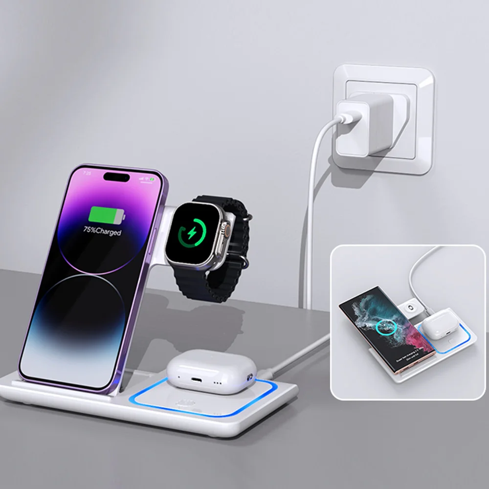 LED 3 in 1 Wireless Charger Station For iPhone 17 16 15 14 13 12 Pro Max Apple Watch 10/9/8/7/6/5 AirPods 3/2 Fast Charging Dock view 4