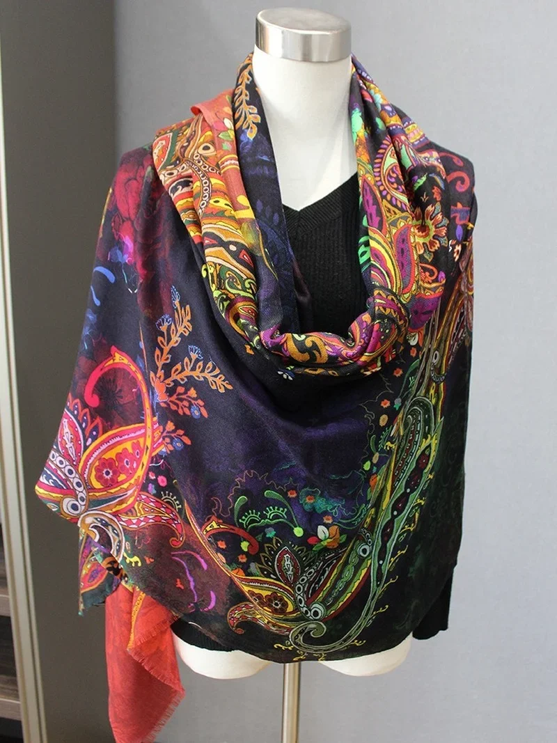 

High-end Elegant Women‘s Exquisite Colorful Cashew Flower Print Quality Cashmere Fine Beard Edge Thin Warm Long Scarf Shawl Wrap