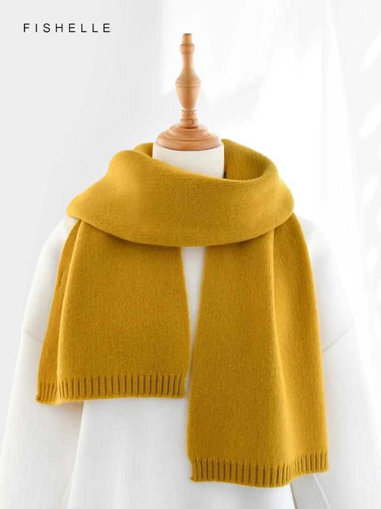 New Solid Ginger Yellow Women\'s Pure Wool Short Scarf Winter Soft Thickened Warmth Knitted Female Wool Scarves Adults Gifts