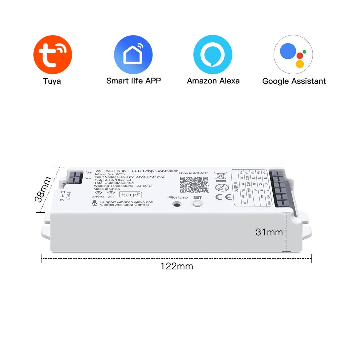5 in 1 Tuya Smart Home LED Controller WiFi Smart Life App Control Switch Controller Work With Alexa Google Home Assistant