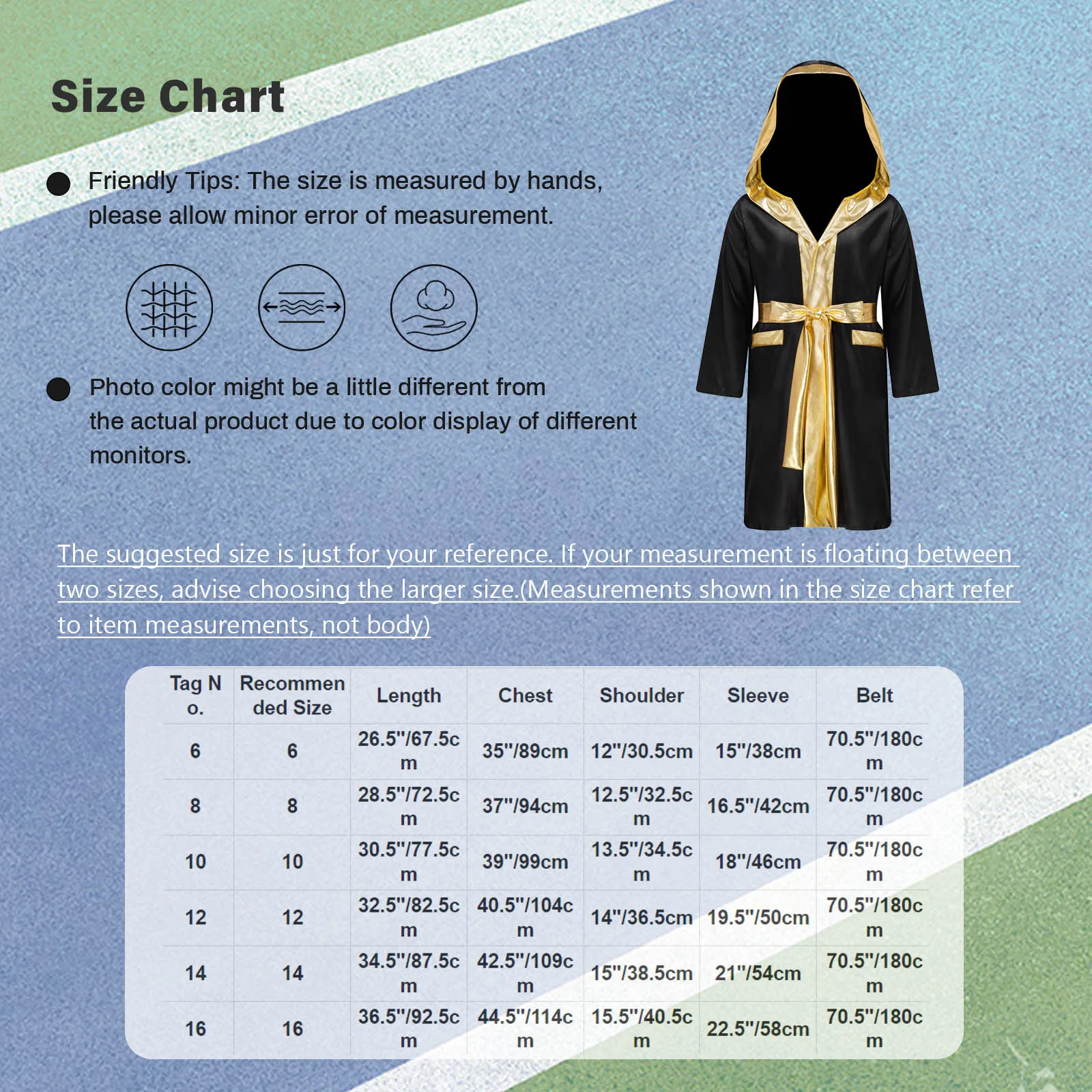 Kids Boys Boxing Robe Halloween Party Boxer Cosplay Costume Long Sleeve Open Front Metallic Trim Satin Hooded Cloak with Belt