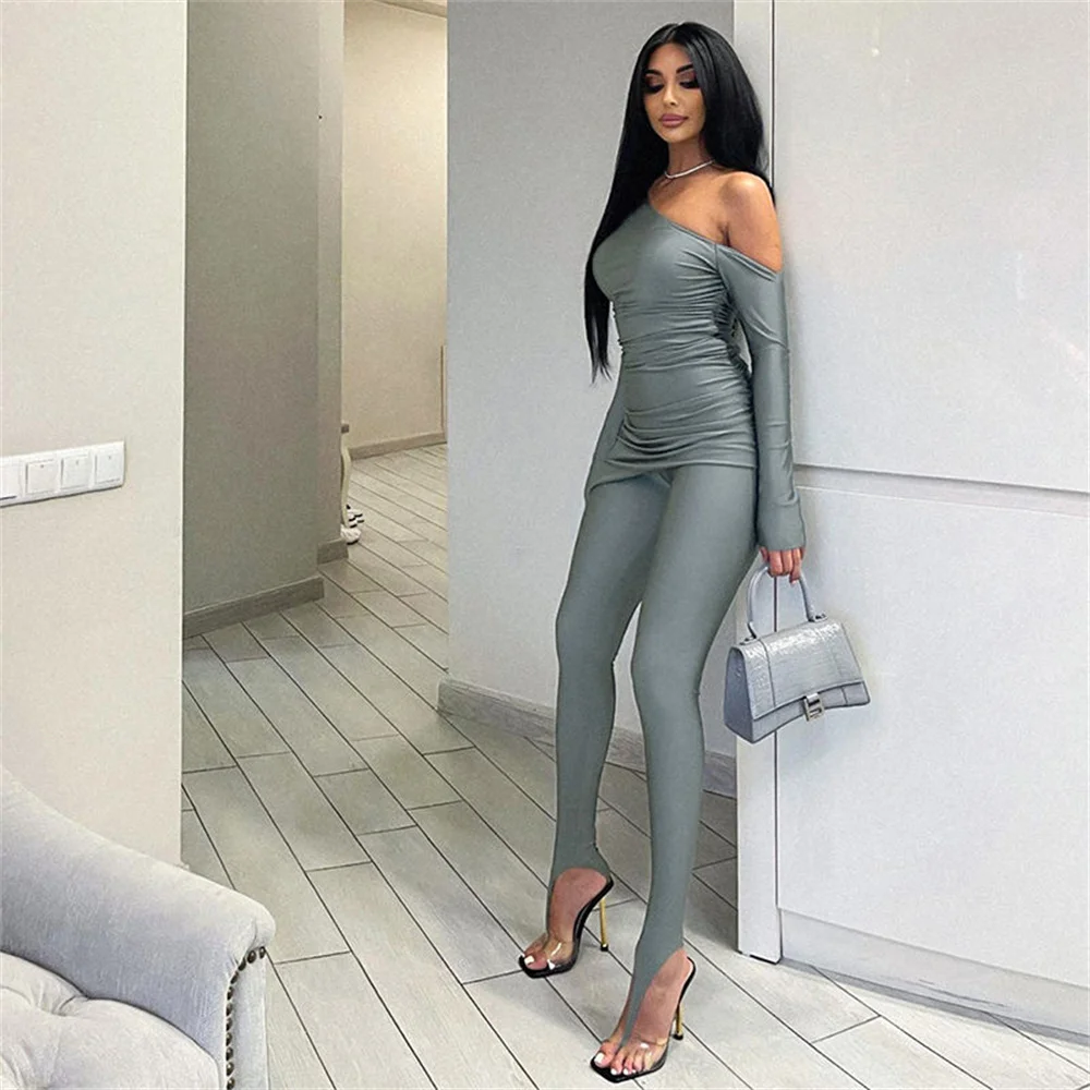 Women's summer new solid color ins slim fashion long-sleeved top tight-fitting jumpsuit casual suit