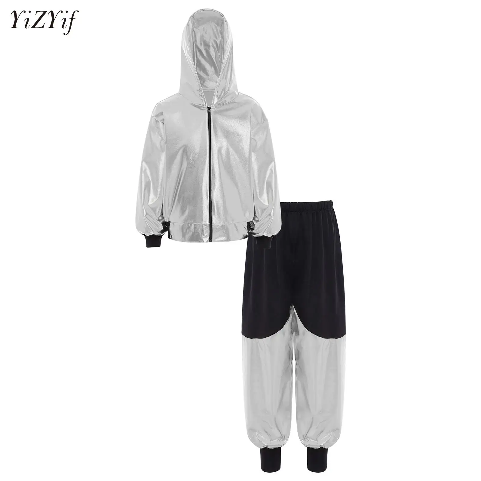 

Boys Hip Hop Sliver Jacket Girls Jazz Joggers Pants Clothes Set Kids Sequin Hip-Hop Street Dance Performance Costumes Streetwear