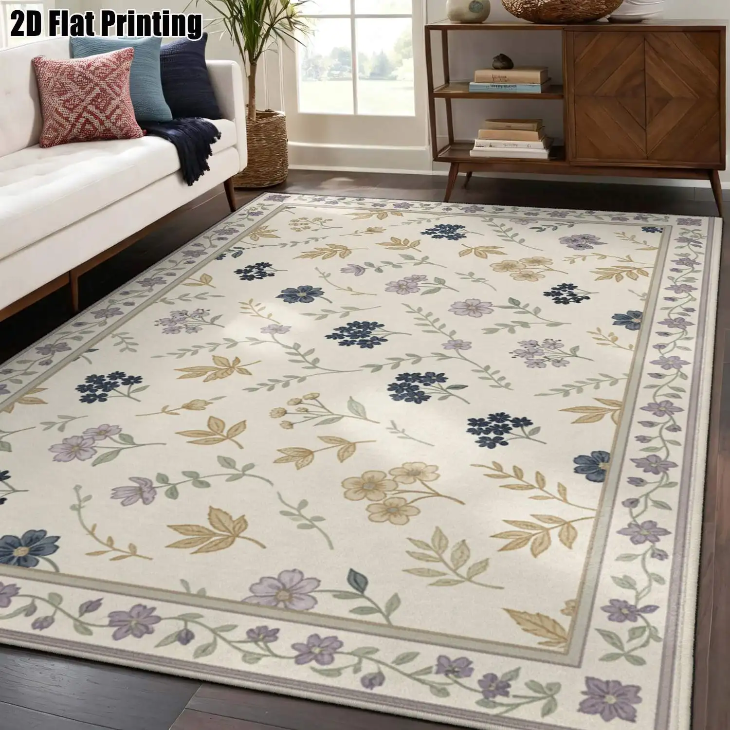 1Pc 2D Printed Carpet: Beige Base, Blue-Purple Floral Patterns, European Retro Geometric Bohemian Style, Home Decor, Multiple Sizes, Machine Washable, for Entrance/Dining/Foyer/Bedroom/Living Room