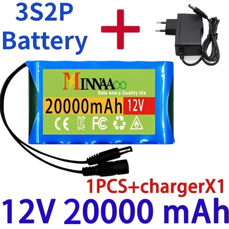 

3S2P 20000mAh 12V 18650 battery monitoring Portable large capacity lithium-ion battery BMS LED lights+charger