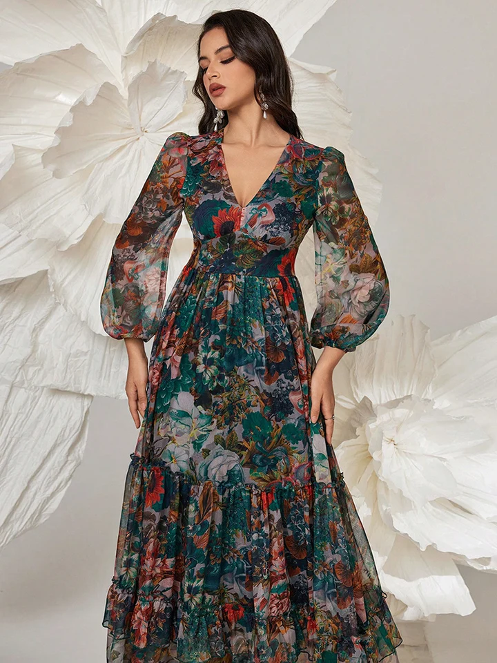 knee length dresses for ladies Tania Silk Midi Dress in Blue Miami Floral Emerald main image 1