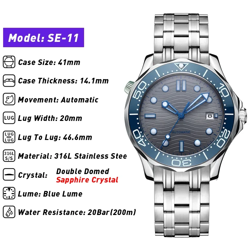 PHYLIDA 20BAR Water Resistant Sports Watch Gray Wave Dial Sapphire Crystal  Watches for Men Automatic