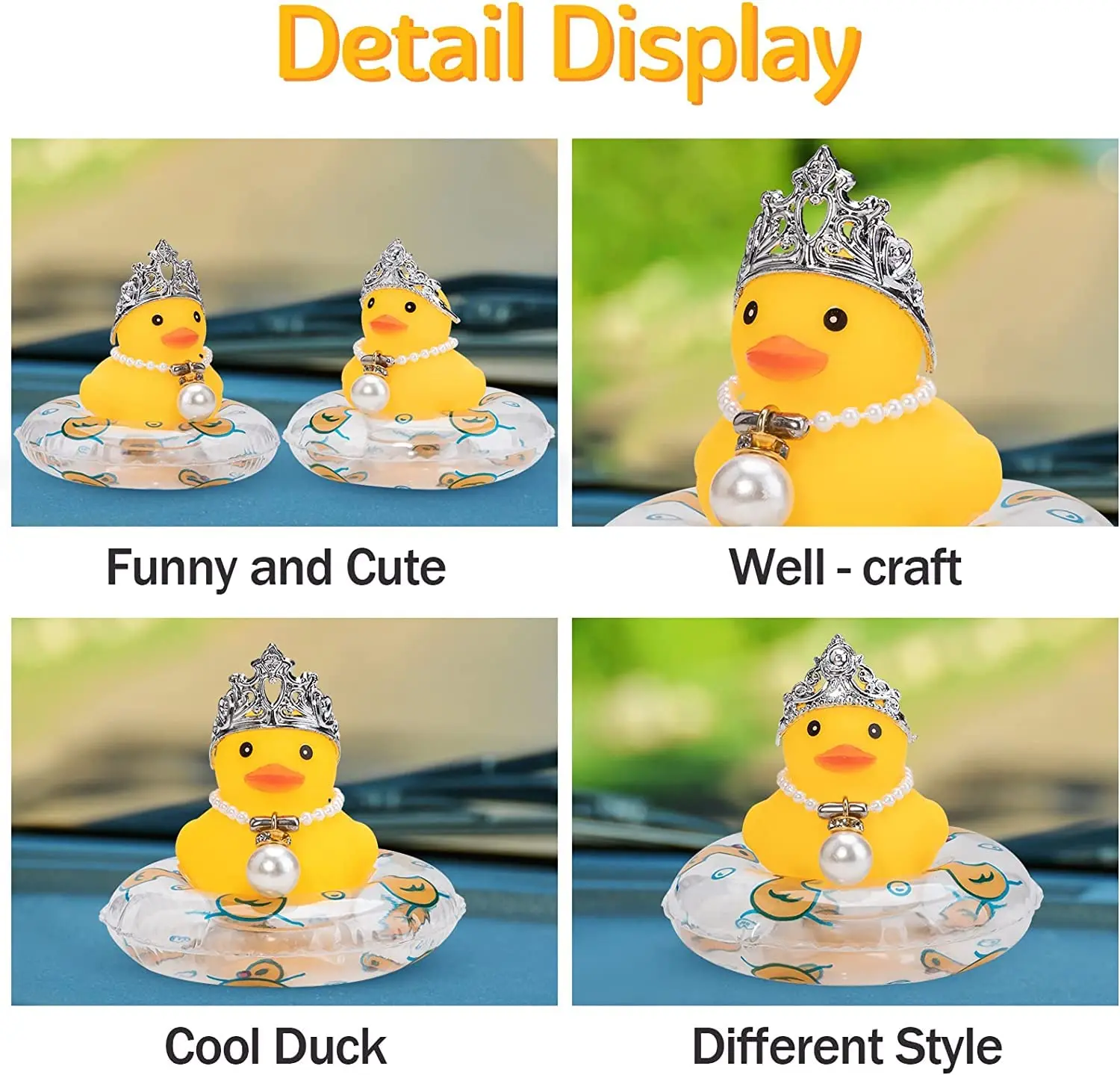 Car Duck Decoration Dashboard Ornament Rubber Duck Decoration Rubber Accessories with Pearl Necklace Crown Jeeps Duck