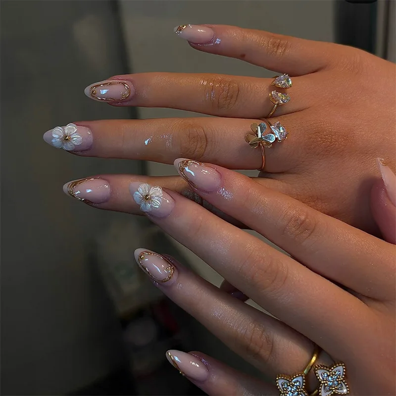 

24Pcs Mid-length Almond Press on Nails 3D Flower Gilded Irregular Design Fake Nail for Woman Simple Detachable False Nails Tips