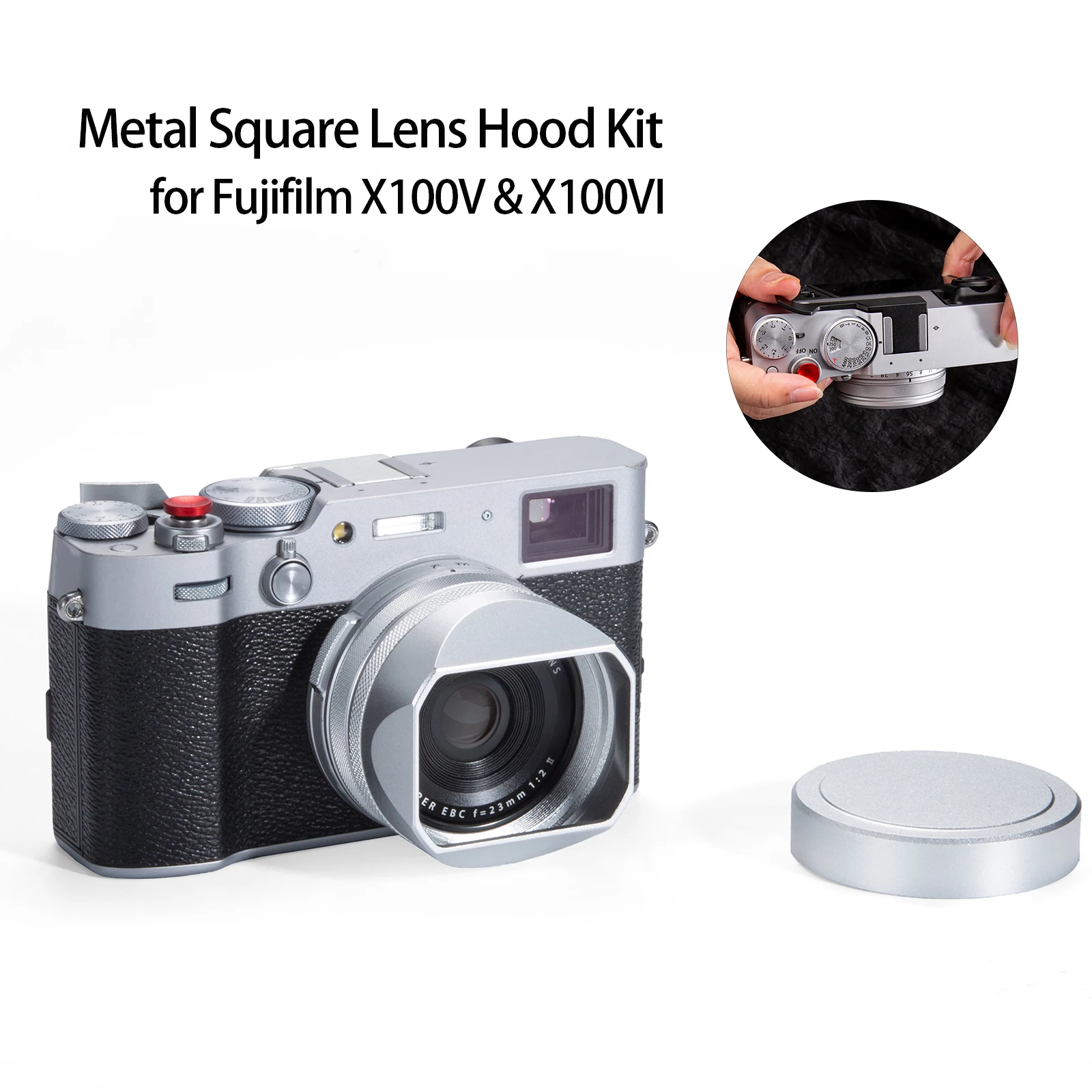 

Square Metal Lens Hood Kit for Fujifilm X100V X100VI Lens Shade Thumb Up Rest Hand Grip Soft Release Button Camera Accessories