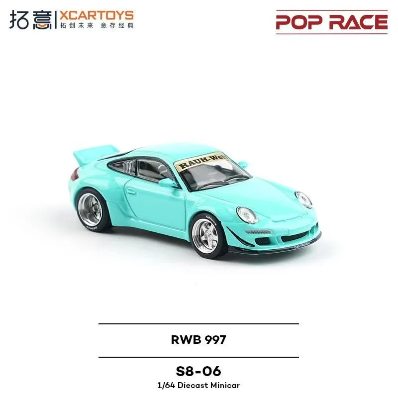 POP RACE 1/64 Porsche RWB 997 سيارة رياضية زرقاء، نموذج سيارة من خليط معدني مصبوب ألعاب أطفال