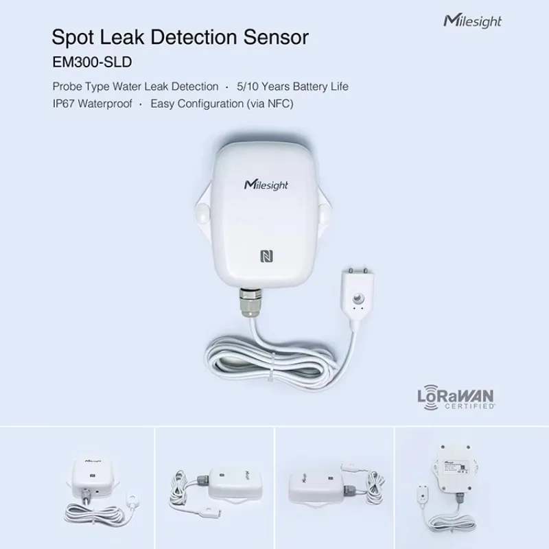 EM300-SLD LoRaWAN Spot Water Leak Sensor 1.5 m Probe IP67 10 km 4000 MAh 10 Year Battery Server Room HVAC Tray
