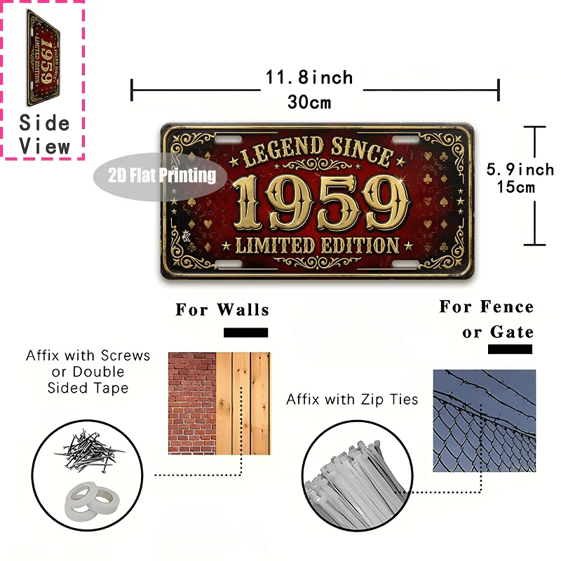 2D Flat, [2D Flat] 1pc, Retro '1959' Metal Aluminum Sign (11.8'x5.9'), Bar, Cafe, Living Room, Doorway, Hallway, Courtyard, Gard
