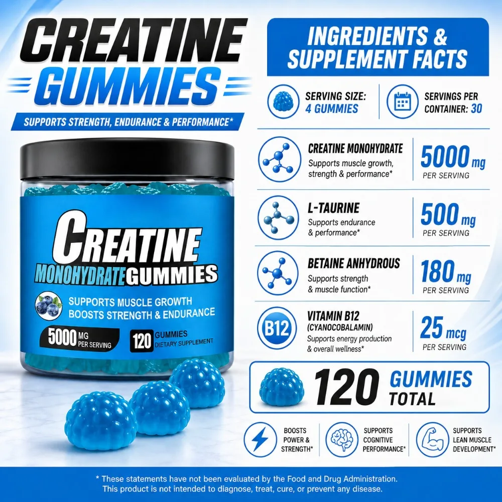 Creatine Monohydrate Gummies 5000mg Per Serving, 120 Gummies for Muscle Strength, Endurance & Energy, Dietary Supplement