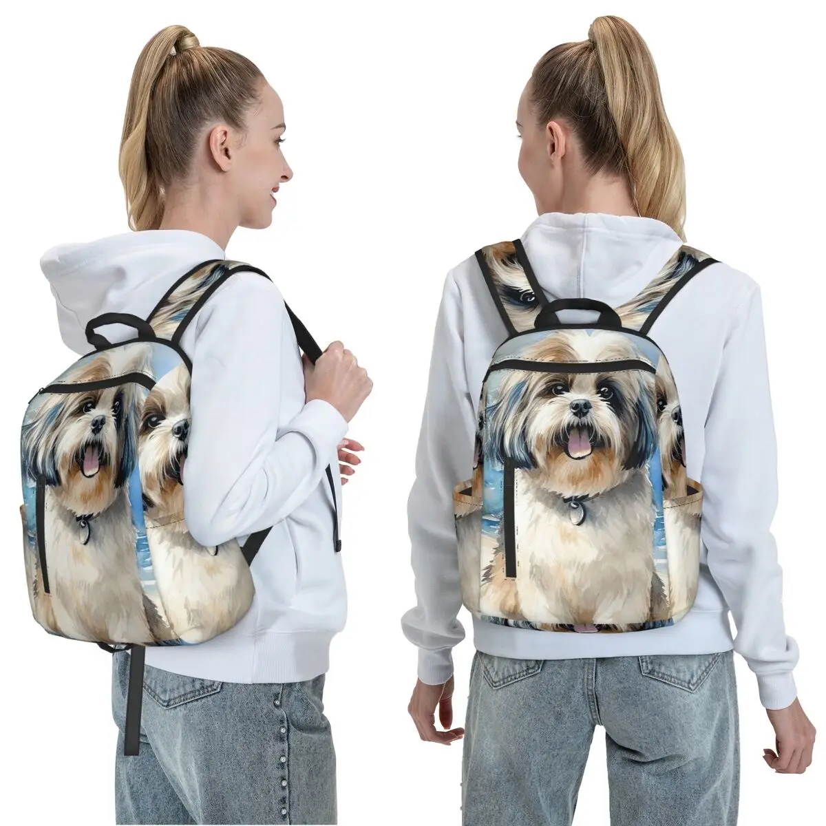 Shih Tzu On The Beach Backpack Daypack Large Capacity Children BookBag School Bag Shoulder Bags for Men Women