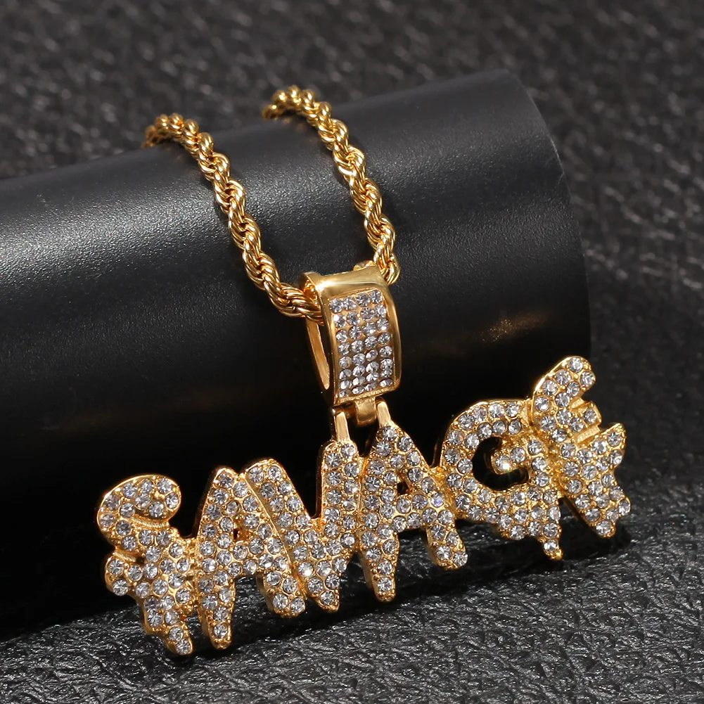 Hip Hop Rhinestones Paved Gold Color 316L Stainless Steel SAVAGE Letter Pendants Necklaces for Men Rapper Jewelry