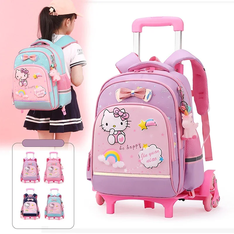 

Sanrio Student Trolley Schoolbag Backpack Hello Kitty Can Be Back Detachable Multi-Compartment Girl Schoolbag Stationery Gift